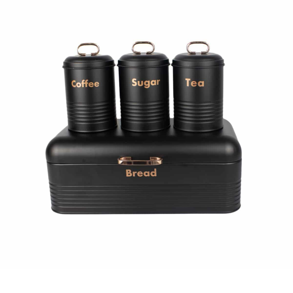 Bread Bins Totally Home Retro Breadbin Steel Design with 3 Piece Matching Canister Set Black